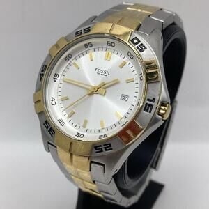 Fossil Men’s Two Tone Silver Dial Watch Day Date 42mm 7.25” Wrist New Battery